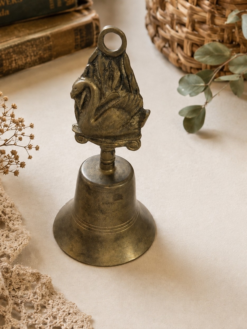 Vintage Solid Brass Swan Hand Bell Ornate Figural Desk Dinner  Bell Cottagecore